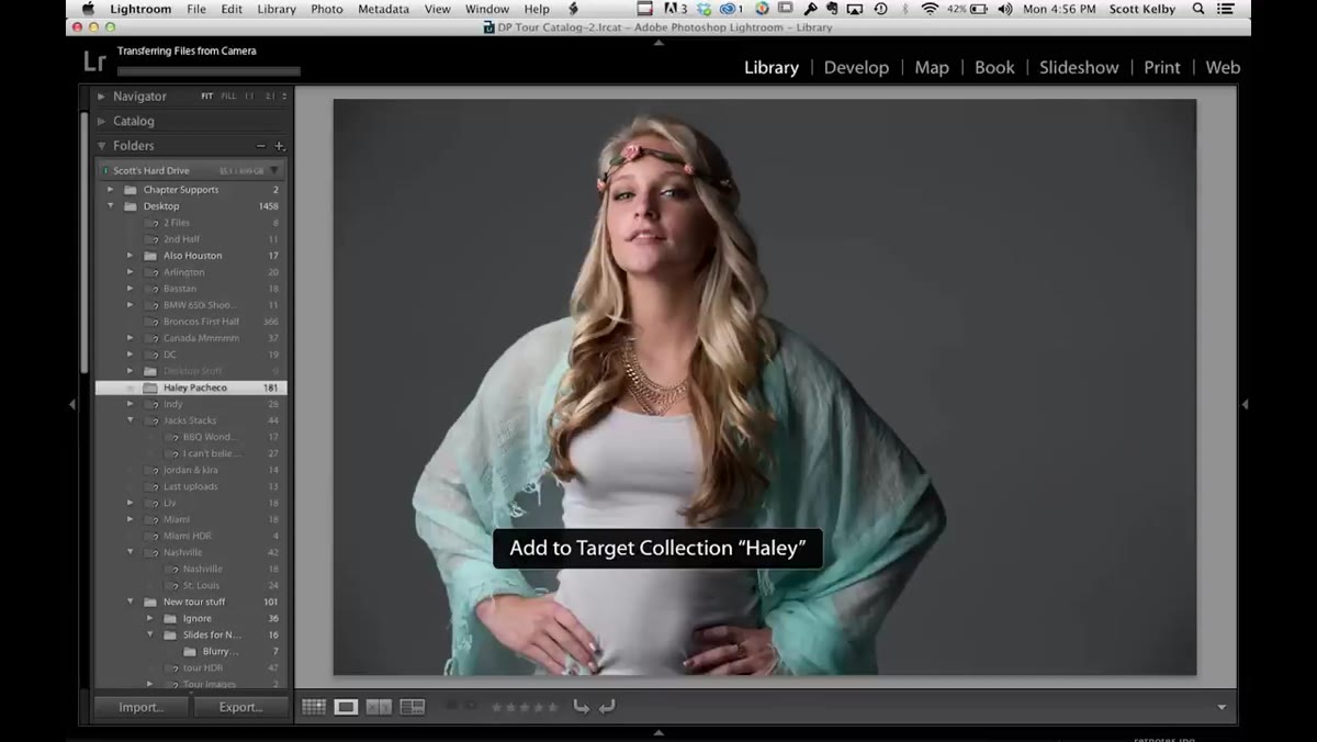 Lightroom filmstrip with image selected and on-screen confirmation of &ldquo;Add to Target Collection&rdquo;