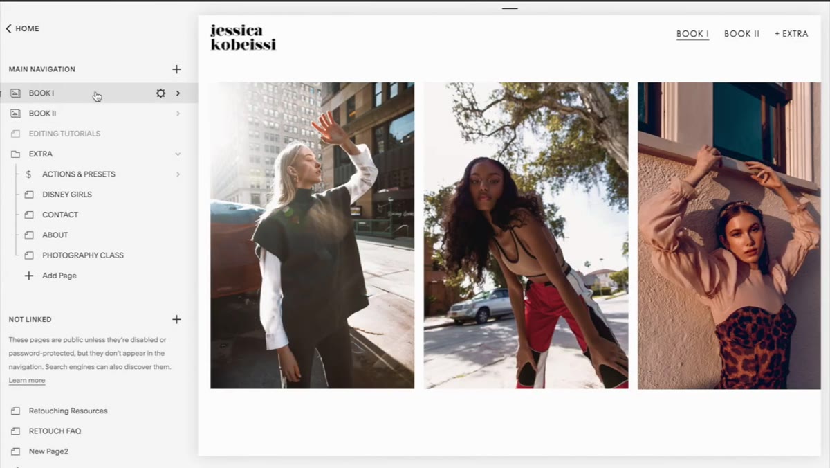 Squarespace pages panel showing book gallery with photo thumbnails