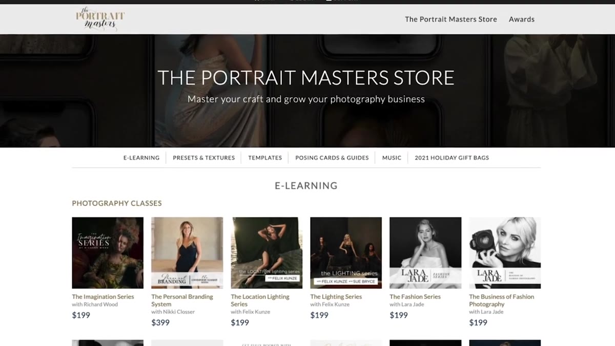 Portrait Masters store showing new course releases and upcoming content