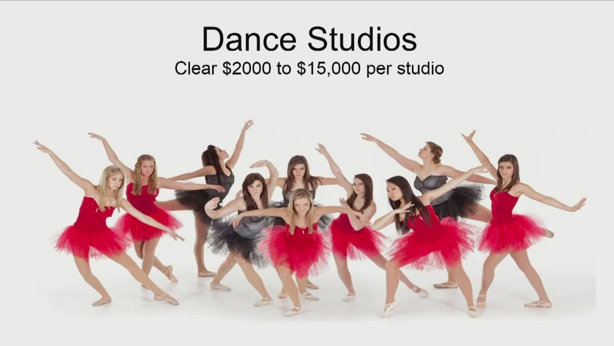 Presenter listing dance studios, sports, daycares as volume markets