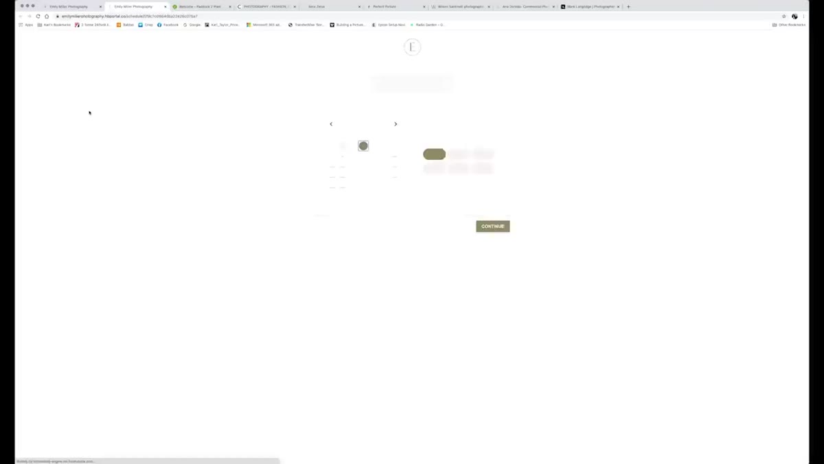 Book a call button visible at top of photographer&rsquo;s homepage