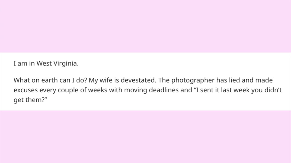 Reddit post describing photographer claiming she sent images that were never sent