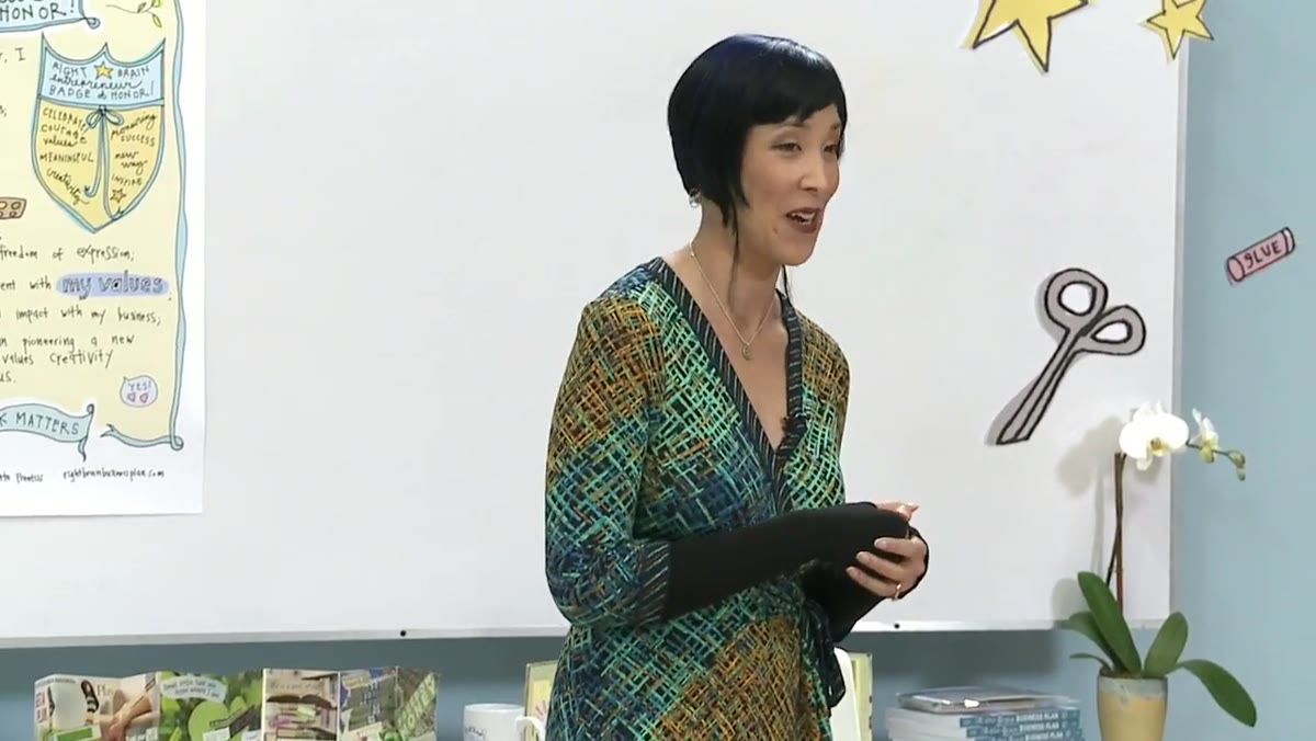 Instructor transitioning toward concrete business steps